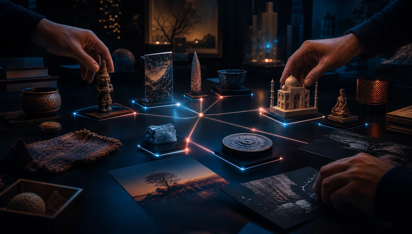 Hands arranging cultural objects and creative work into a connected collection.
