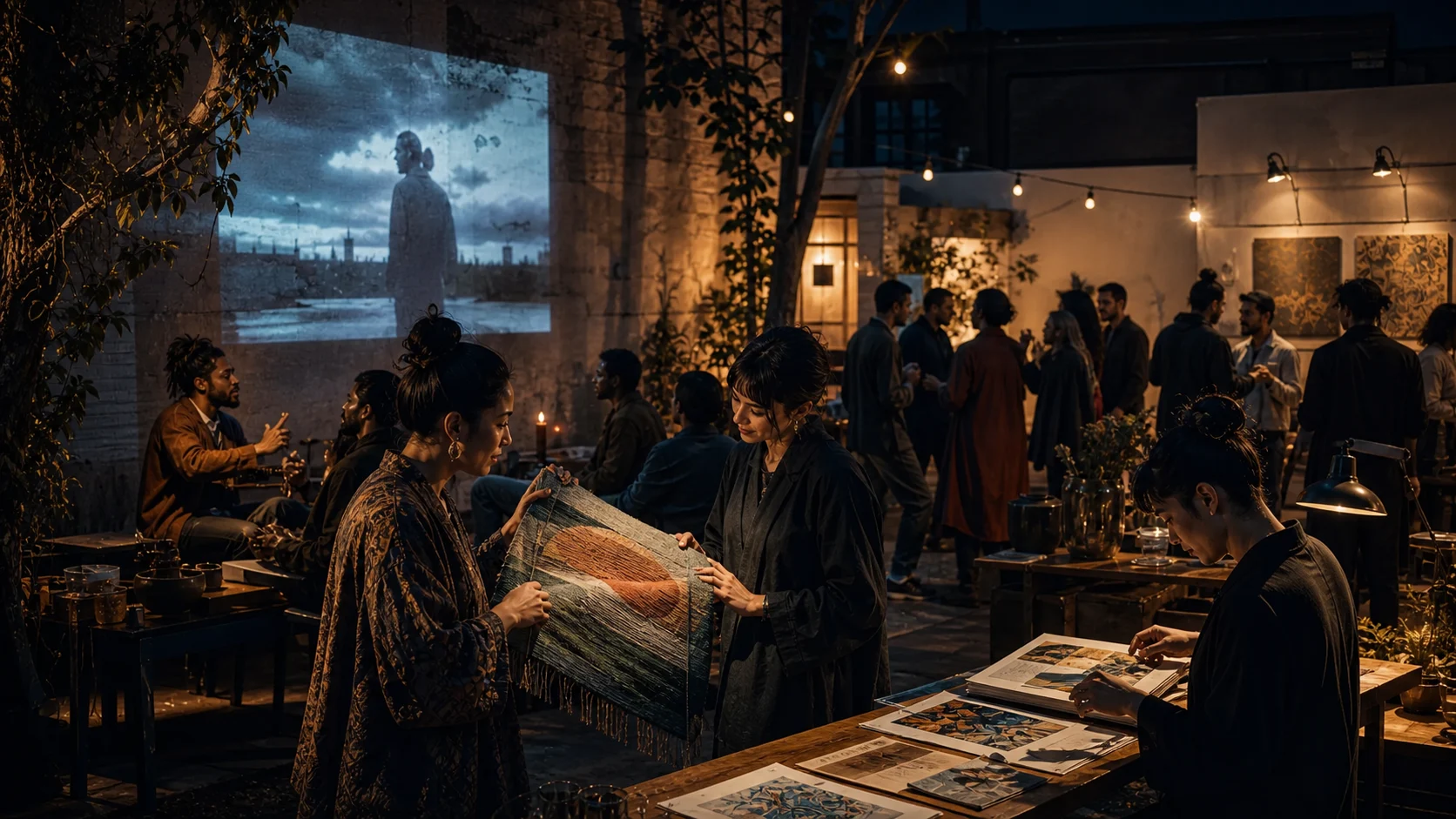 Fictional creators and supporters gathering around film, textiles, illustration, and music in an evening courtyard.