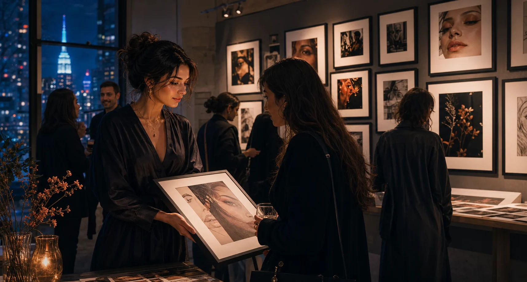 A fictional New York beauty creator showing a framed piece from her completed collection to a supporter at an intimate launch.