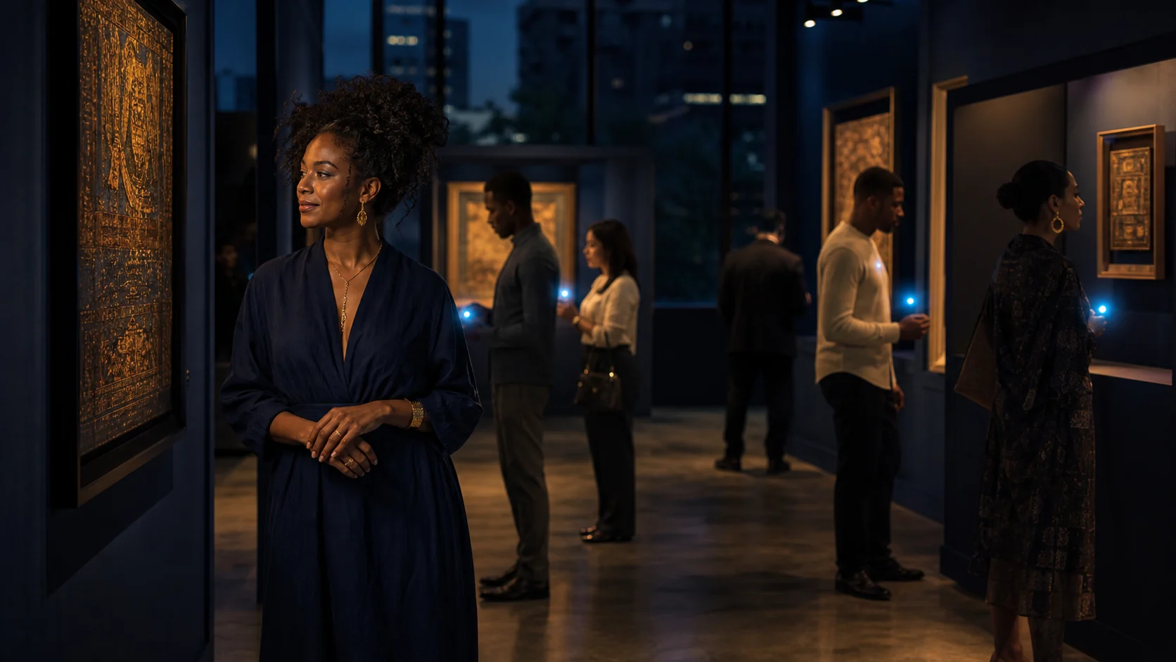 A fictional woman named Amara and direct followers independently discovering pieces at an evening exhibition.